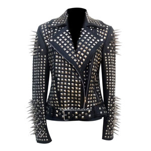 Chaqueta de Cuero Genuino para Mujer, Estilo Motociclista, Ajustada, con Tachuelas Metálicas, Negra, Estilo Punk, Nueva Colección 2025 - Product Image 1