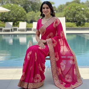 Sari Tradicional de Seda Georgette de Diseño Premium para Mujer, Largo hasta el Suelo, para Fiestas, Diseño Moderno, Festivales y Bodas - Product Image 1