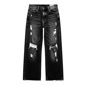 Jean large déchiré imperméable brodé pour homme, coupe ample, ourlet brut, style streetwear, denim délavé vintage, coton épais, décontracté - Product Image 5