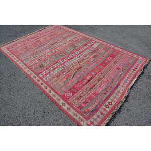 Alfombra turca Vintage roja tradicional de 6,3X9,1 pies, Alfombra de lana de área grande, respaldo de látex, patrón de retazos para sala de estar, pasillo - Product Image 1