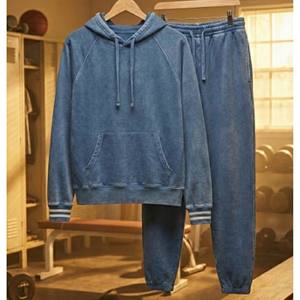 Ensemble de survêtement vintage personnalisé en gros, short à genoux uni, lavage à l'acide, délavé au soleil, lavage minéral bleu, sweat-shirt à manches raglan, jogging, 100% coton - Product Image 5