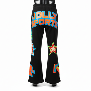 <b>Women</b> Flare Pant Premium Heavy 300 GSM Cotton Blend Fleece Black Statement Graphic Panels Custom Logo <b>Women's</b> Pant - Product Image 2