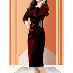 Women's Long Sleeve Boat Neck Midi <b>Velvet</b> <b>Dress</b> with Side Stone Detail, 37548 - <b>Burgundy</b> - Product Image 1