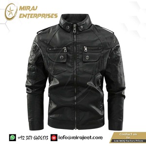 Veste de moto coupe-vent en similicuir pour homme avec col montant et poches multiples - Product Image 2