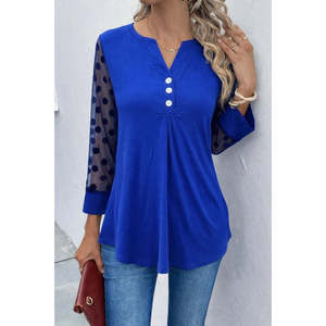 Women'<b>s</b> Long-Sleeved Button-Down <b>Blouse</b> with Tulle Sleeve Detail, Viscose, 31334 - Saks Blue - Product Image 2