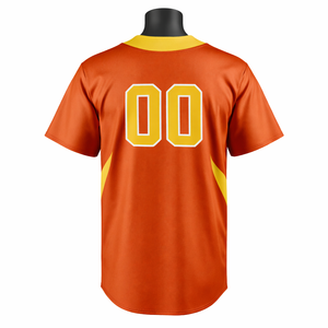 เสื้อเบสบอลสีส้มเหลืองแบบกำหนดเอง ปักชื่อทีมและหมายเลข พร้อมกระดุมเต็มตัว ชุดเบสบอลแบบซับลิเมชั่น - Product Image 2