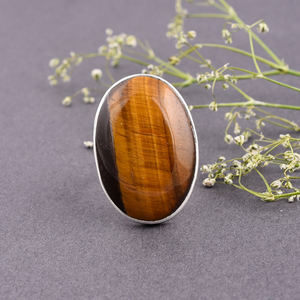 Anillo de piedras preciosas de ojo de tigre Natural de Plata de Ley 925 de gran tamaño - Product Image 1