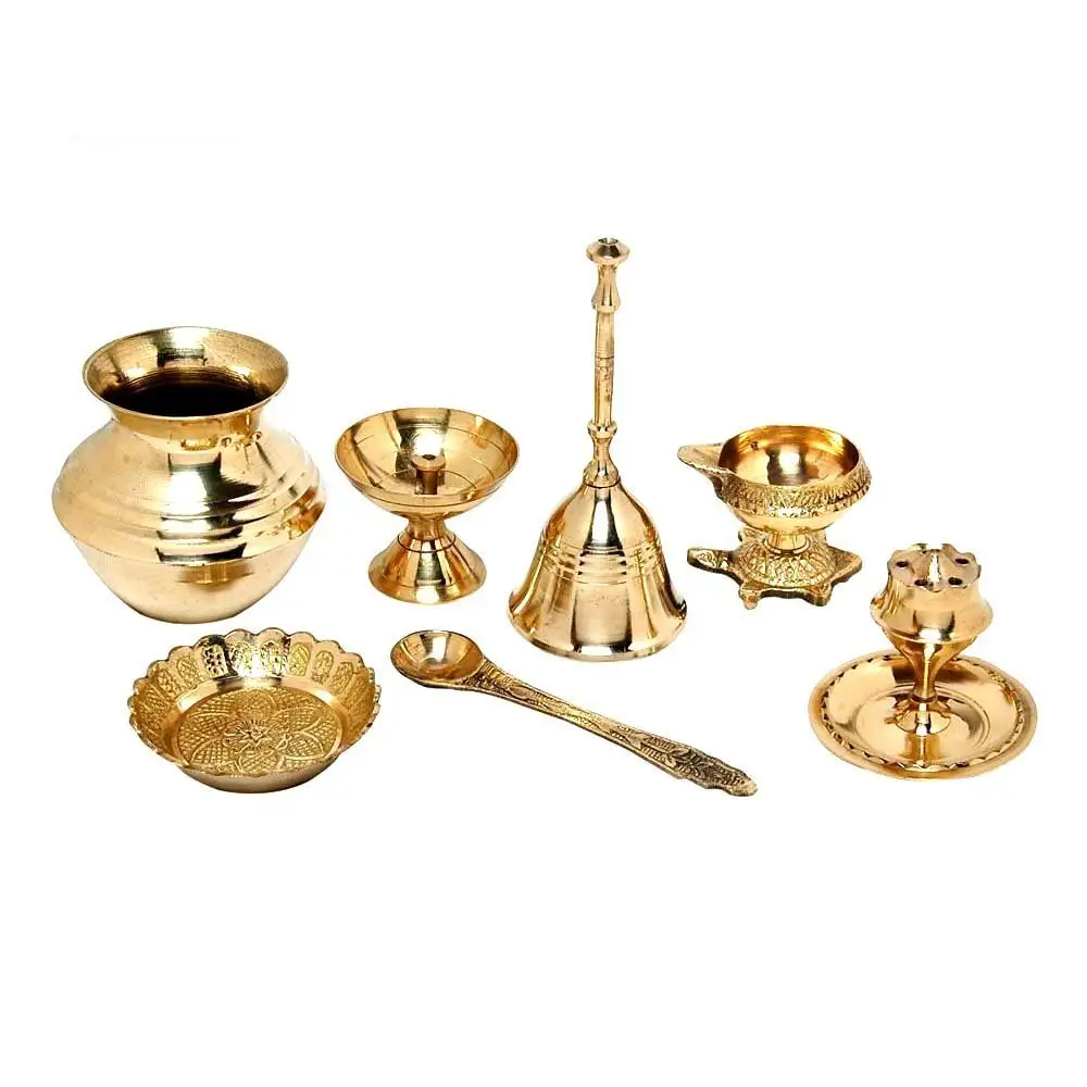 Set Thali Pooja kuningan tema berbeda buatan tangan & kerajinan tangan Puja Thali Set tradisional untuk Pooja Arti Hindu Item religius