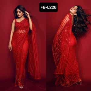 Sari indien de style Bollywood magnifique en tulle avec un chemisier orné de fils de séquence arc-en-ciel laiteux fantaisie pour les occasions de fête - Product Image 2