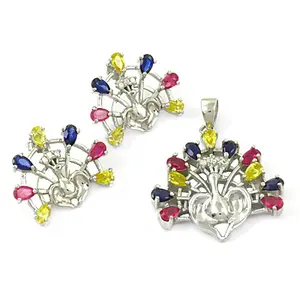 Juego de Joyas de Plata 925 con Múltiples Piedras Preciosas, Diseño de Pavo Real, Clásico y Vintage, Aretes y Colgante con Perlas, Diamantes y Oro, para Regalo de Boda, Fiesta o Compromiso - Product Image 2