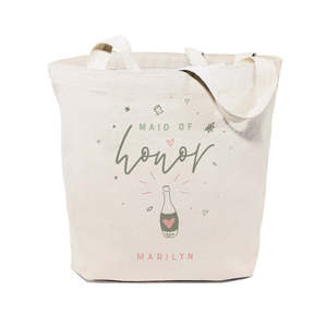Personalized Name Open-Closure Cotton Canvas Tote Bag for Champagne Celebration-Maid of Honor Wedding - Product Image 1