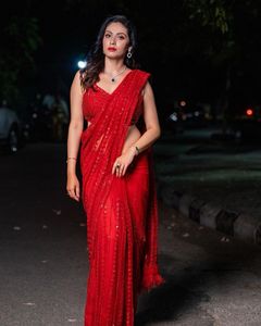 New Beautiful Heavy Sequence Embroidered Work With <strong>Net</strong> Ruffle Party Wear <strong>Red</strong> Colour <strong>Saree</strong> With Blouse - Product Image 2