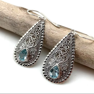 Pendientes de piedras preciosas de Topacio Azul de Plata de Ley 925 de tendencia, joyería hecha a mano, pendientes de estilo bohemio de plata, joyería para regalo de mujer - Product Image 1