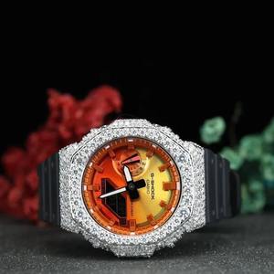 Reloj con Incrustaciones de Moissanita Completa, Esfera Naranja, Reloj con Incrustaciones de Diamantes, con Engaste de Pavé - Product Image 1