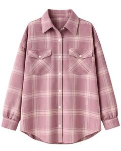Chemise Tunique Femme Oversize à Carreaux Boutonnée Rose Mauve Manches Longues Décontractée en Flanelle Douce avec Poches Automne Hiver Vente en Gros - Product Image 1