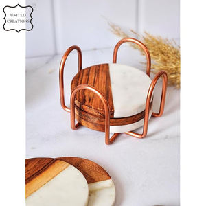 Modern Style Handcrafted <b>Ceramic</b> <b>Coasters</b> White Marble & Mango Wood Classic Style Drinks Holder - Product Image 6