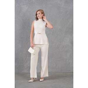 High-Neck Ribbed Women's Set Fine Knit with Gold Waist Detail and <b>Tie</b> <b>Back</b>-Black Color - Product Image 2