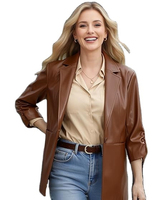 Blazer en cuir véritable pour femmes grandes tailles, double boutonnage, manches longues, boutons fantaisie, coupe-vent, respirant, anti-plis, automne