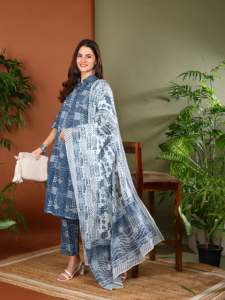 Ensemble Kurta Pantalon Dupatta pour Femmes en Coton à Imprimé Géométrique, Chemise à Col, Manches Trois Quarts, Longueur Cheville, Bleu, Vente en Gros - Product Image 4
