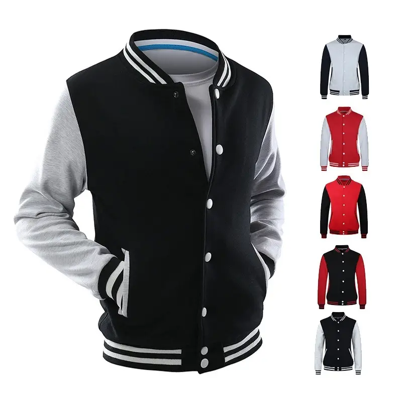 새로운 겨울 컬렉션 편안한 따뜻한 야외 솔리드 블랙 PU 가죽 슬리브 남성용 모직 야구 대표팀 재킷