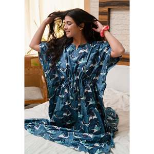 Túnica de Playa de Algodón Azul con Estampado de Palmeras, Estilo Kaftan, Corte Holgado para una Divertida Vacaciones en la Playa - Product Image 5