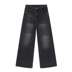Pantalon ample et droit en denim gris rétro pour hommes, en coton à jambe large avec logo de style de rue vieilli - Product Image 1