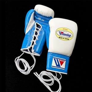High Quality Pink <b>Lace</b>-Up Custom Blue & <b>White</b> Winning Professional Boxing Gloves Made in Japan Genuine Leather Kickboxing Gloves - Product Image 1