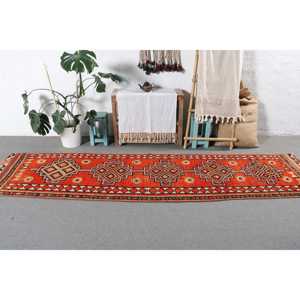 2.5x10.6 ft Turkish Rug, Vintage <b>Runner</b> Rug, <b>Red</b> Brown Oriental Wool Rug - Product Image 3