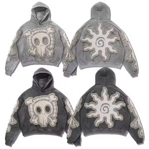 Sudaderas con capucha para hombre con lavado ácido de gran tamaño pesado 100% algodón Retro lavado ácido parche desgastado bordado Sudadera con capucha para hombre - Product Image 5