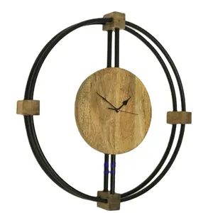 Horloge en bois avec cadre en fer, horloge d'art, décoration de la maison, horloge murale en bois de fer en métal pour chambre et bureau, décoration murale