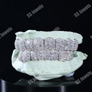 925 Sterling <b>Silver</b> Unisex 16 Teeth Grillz <b>Top</b> Bottom Mouth Mosaic Setting Rhodium Plated Moissanite Trendy Hip Hop Fine Jewelry - Product Image 1