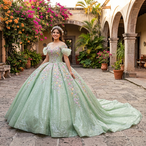 Vestido de Quinceañera con Cola de Capilla, Cuello Redondo, Estampado Floral Colorido, Bordado de Cristales, Antiestático, Verde Brillante 8516 - Product Image 1