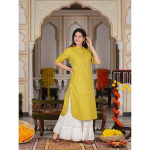 Chemisier droit à la mode Kurta à rayures en coton vert pour femmes avec chemises imprimées dorées - Product Image 3