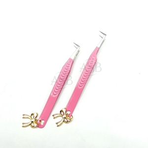 <b>Pink</b> Colored Eyelash Tweezers Private logo Stainless Steel 90 Degree Volume Tip New Style Lash Tweezers With <b>Bow</b> Charm - Product Image 6