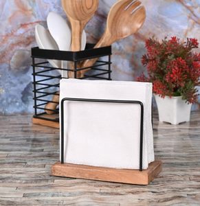 Porte-serviettes en bois d'acacia porte-serviettes sur pied en fil métallique pour cuisine, salle à manger et décoration intérieure utilisation de boîtes à mouchoirs - Product Image 5