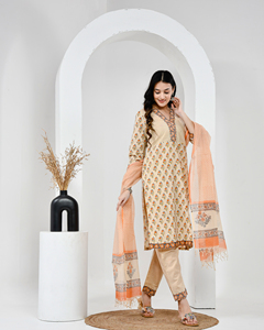 Mehka Saawan Peach Cotton Suit Set with Kota Doriya Dupatta - Product Image 3
