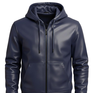 Sweat à capuche en cuir bleu marine de haute qualité, veste à capuche en simili cuir premium, fermeture éclair intégrale, streetwear décontracté d'hiver, fournisseur en gros - Product Image 6