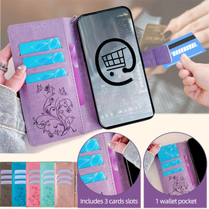 Étui portefeuille antichoc en cuir PU motif papillon et fleur avec fermeture éclair et emplacements pour cartes pour iPhone 17 16 15 14 Pro Max - Product Image 3