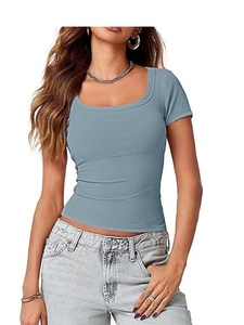 Nuevas camisetas de manga corta con cuello redondo para mujer, Camisetas básicas informales acanaladas ajustadas, camisetas al por mayor disponibles - Product Image 2