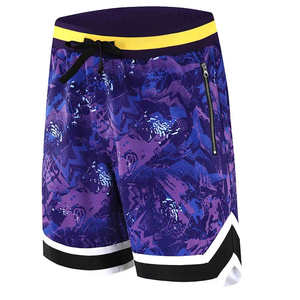 Shorts de sport personnalisés en maille pour homme, couleur violet, avec ceinture jaune et poche zippée, style streetwear, basketball - Product Image 1