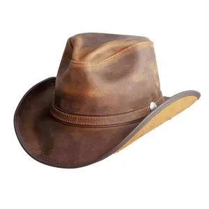 Leather Western Hat Cowboy Vintage Mens Outdoor Travel Leather Cowboy Hats Customize Size and Logo OEM Hat Supplier