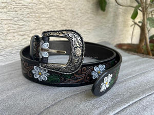Newest Woman's <b>Tooled</b> Western Style Steer White Flower Leaf <b>Tooling</b> Cowgirl Custom Rodeo Hand <b>Tooled</b> <b>Leather</b> Western <b>Belt</b> - Product Image 2