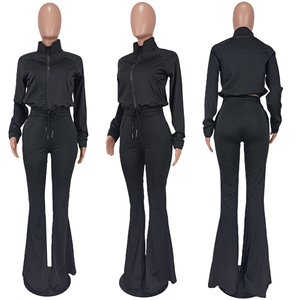 Ensemble de pantalons de jogging vintage deux pièces pour femmes Survêtement évasé à jambe large avec motif solide pour un jogging confortable - Product Image 3