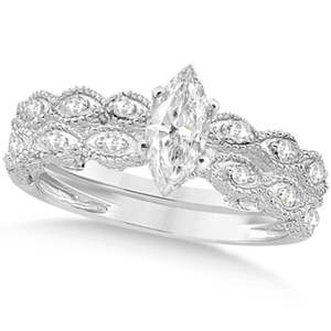 14k White <b>Gold</b> Marquise Antique Style Diamond Bridal <b>Set</b> 0.58ct Diamond <b>Rings</b> - Product Image 5