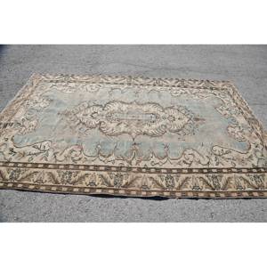 Alfombra turca clásica azul Beige Vintage 5,8 X 9.3ft Alfombra de retales de lana para sala de estar con respaldo de látex para adolescentes - Product Image 3