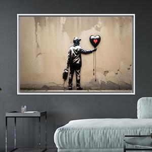 Modern Printed Canvas Art: Boy with Balloon Graffiti Design,WHITE <b>FRAMED</b> CANVAS - Product Image 1