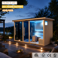 Cabine de douche sauna extérieure PLOUTARA en bois, toit plat noir, porte vitrée, douche à effet pluie, OEM pour villa, resort, spa