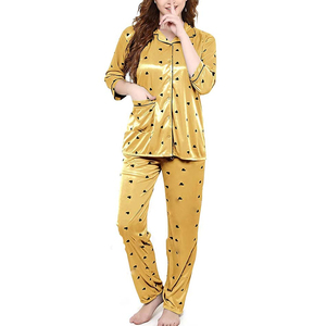 2025 colección de invierno pijamas de satén de manga corta para mujer ropa de dormir suave Cierre de botón amarillo azul patrón sólido al por mayor - Product Image 2