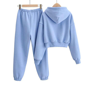 Vente en gros de survêtement de jogging en molleton de coton gris court personnalisé pour femmes, deux pièces, survêtements à capuche unis - Product Image 4
