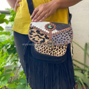 高品质动物印花真皮麂皮流苏串珠女流苏肩包奢华设计师牛仔斜挎包 - Product Image 2
